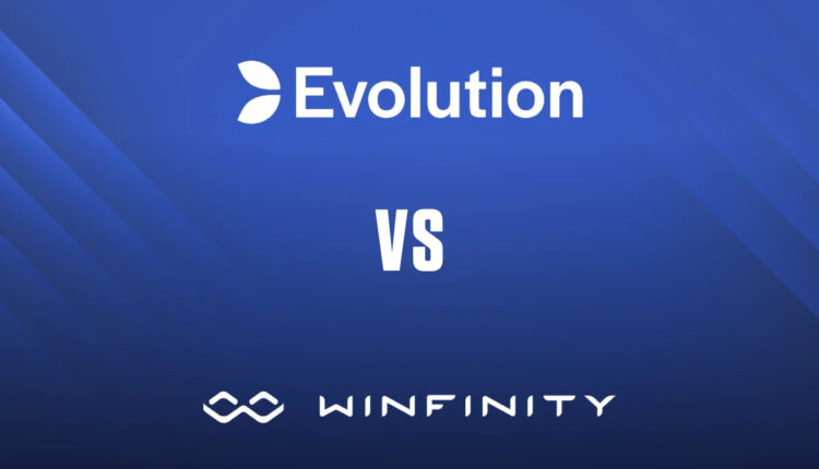 Evolution vs Winfinity comparison with their logos on a blue background and "VS" text in between