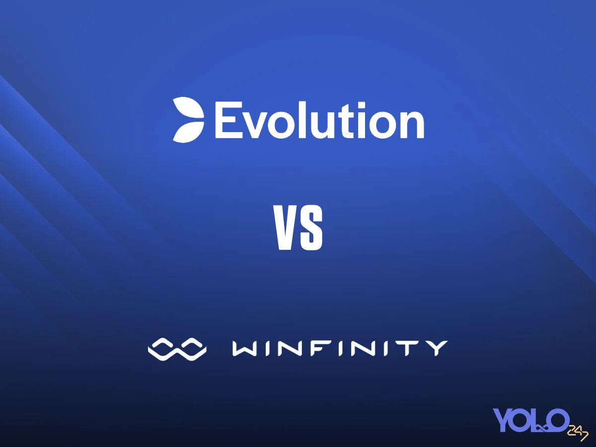 Evolution vs Winfinity comparison with their logos on a blue background and "VS" text in between